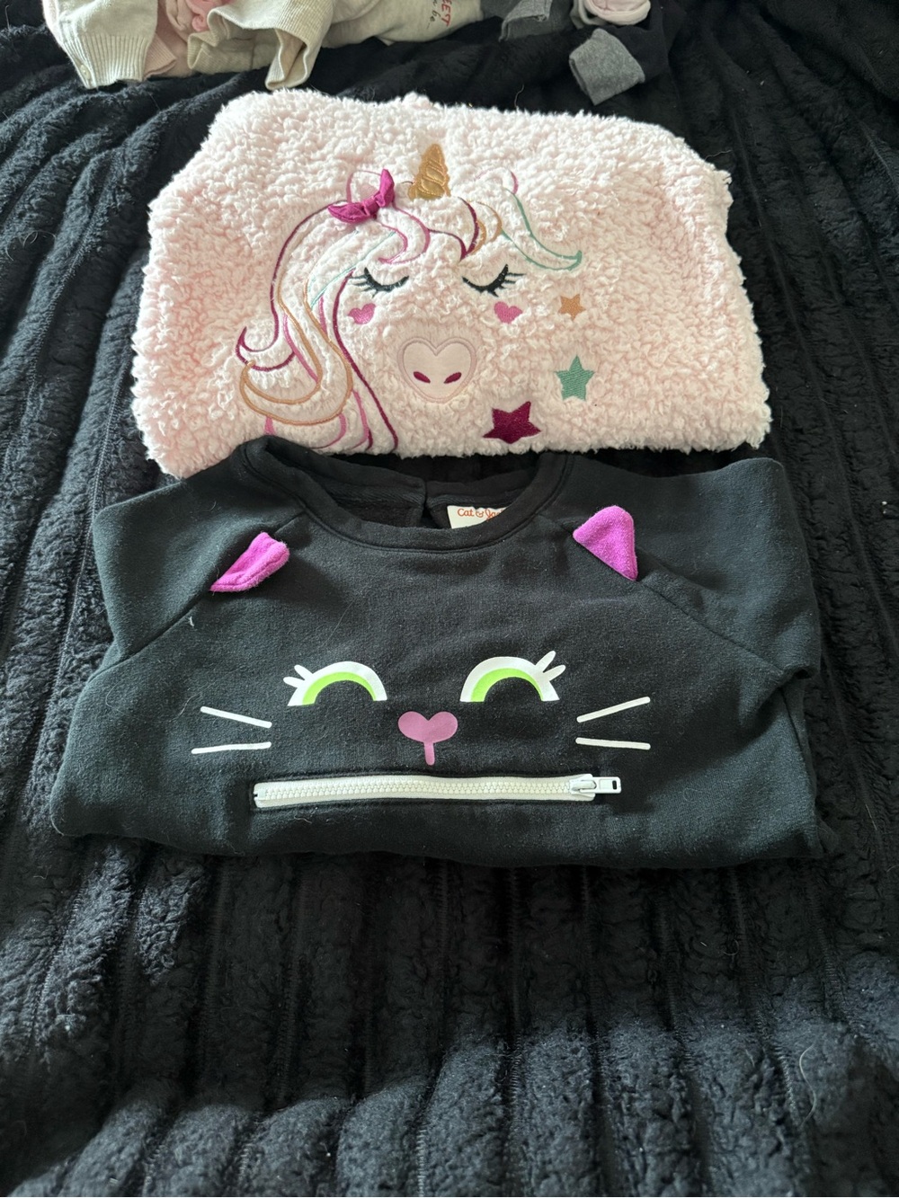 Cat & Jack Pink Unicorn Sherpa Top and Black Cat Face Sweatshirt